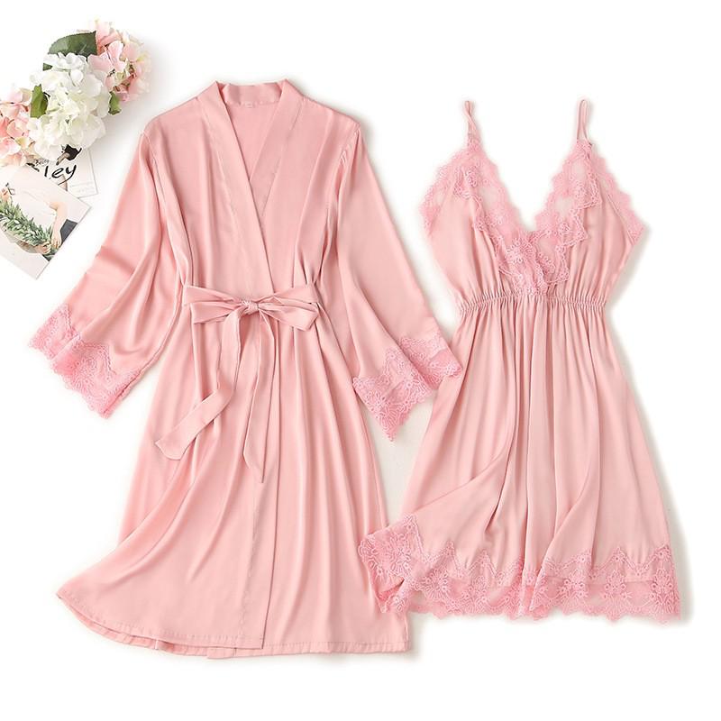 Lace Trim Sexy Robe Suit Loose Satin Kimono Bathrobe Gown Mini Sleepwear Rayon Intimate Lingerie