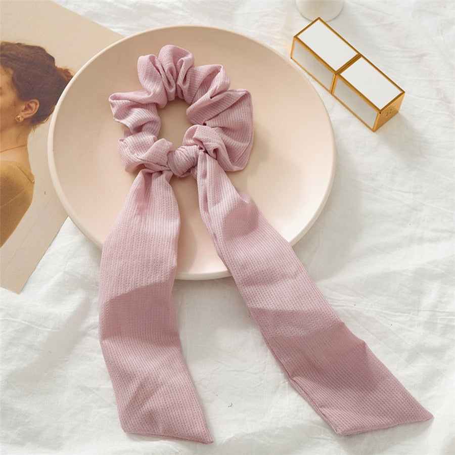 Luxury Satin Silk Bow Streamers Hair Ring Knotted Scrunchie Ponytail Hair Ties