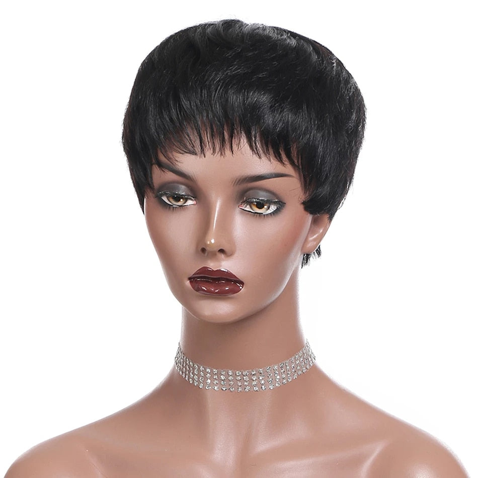 Short Bob Wig Straight Human Hair Wigs With Bangs Non Lace Front Wigs Pixie Cut Wig Natural Color