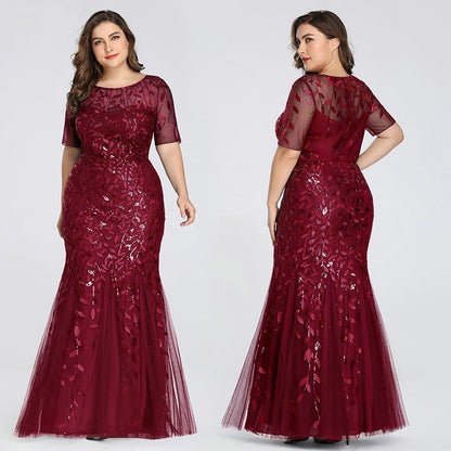 Plus Size Sequin Mesh Mermaid Slim Evening Dress Beaded Leaves Pattern Elegant Party