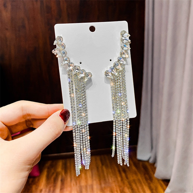 Long Tassel Full Rhinestone Drop Earrings Shiny Water Drop Crystal Dangle Earrings