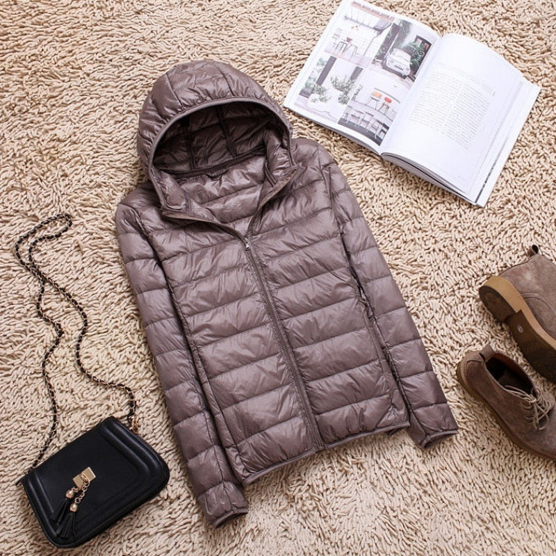 90% Ultra-light Plus Size Thin Down Jacket Slim Short Hooded Warm White Duck Down Coat