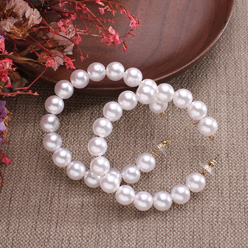 white boho imitation pearl round circle hoop earrings female gold color big earrings jewelry statement earrings