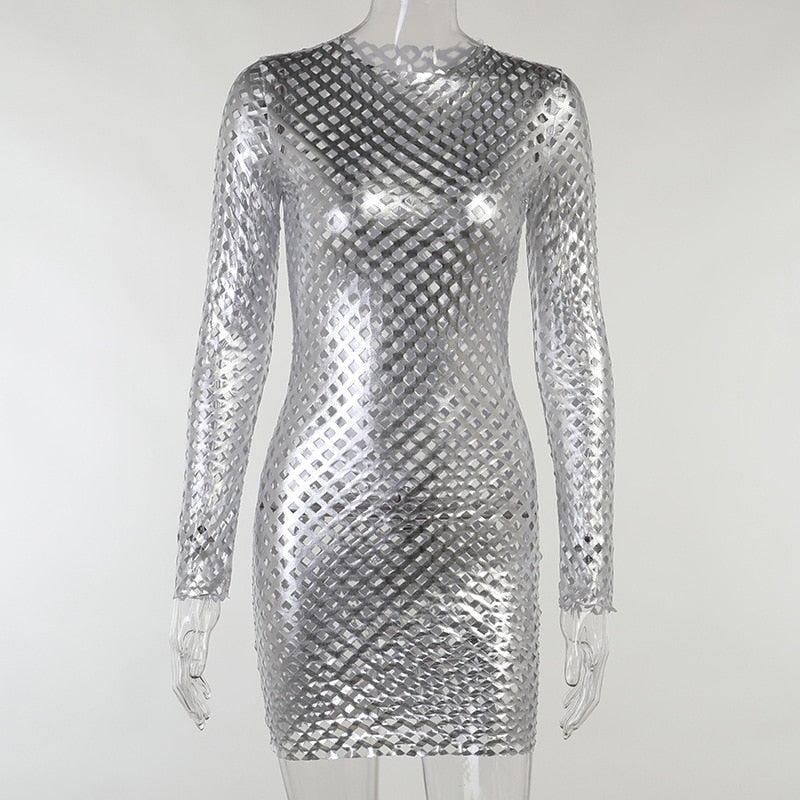 Sexy Bodycon Hollow Out Silver Diamond Mesh Club Long Sleeve Mini Pencil Party Dress