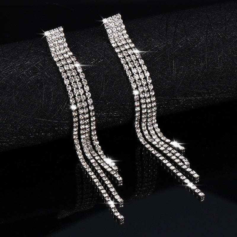 Luxury Rhinestone Crystal Long Tassel Bridal Drop Dangling Earrings Wedding Jewelry