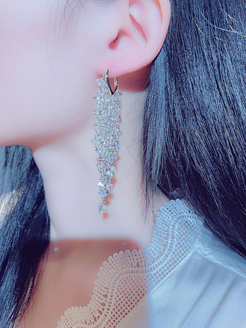 Glamour Crystal Temperament Earrings Long Flash Temperament Elegant Jewelry