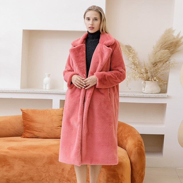 Winter Warm Faux Fur Coat Thick Long Coat Turn Down Collar Women Warm Coat Casaco Feminino