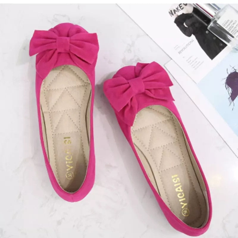 Lady Flock Spike Heels Flats Round Toe Big Bow Latex Comfortable Insole Shoes