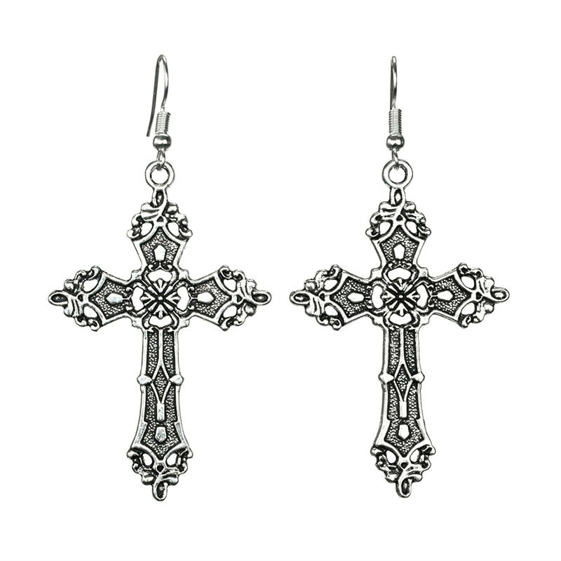 Inverted Crucifix earrings with black glass crystal teardrops. Classic gothic dangling ornamental satanic earrings