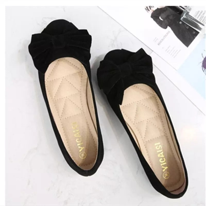 Lady Flock Spike Heels Flats Round Toe Big Bow Latex Comfortable Insole Shoes