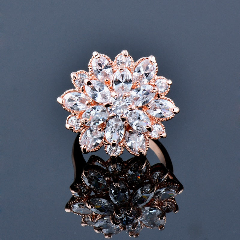 Luxury Crystal Flower Rings For Women Wedding Engagement Jewelry Rose Gold/Silver Color Ring