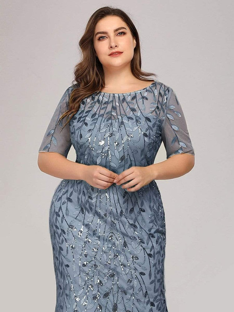 Plus Size Sequin Mesh Mermaid Slim Evening Dress Beaded Leaves Pattern Elegant Party