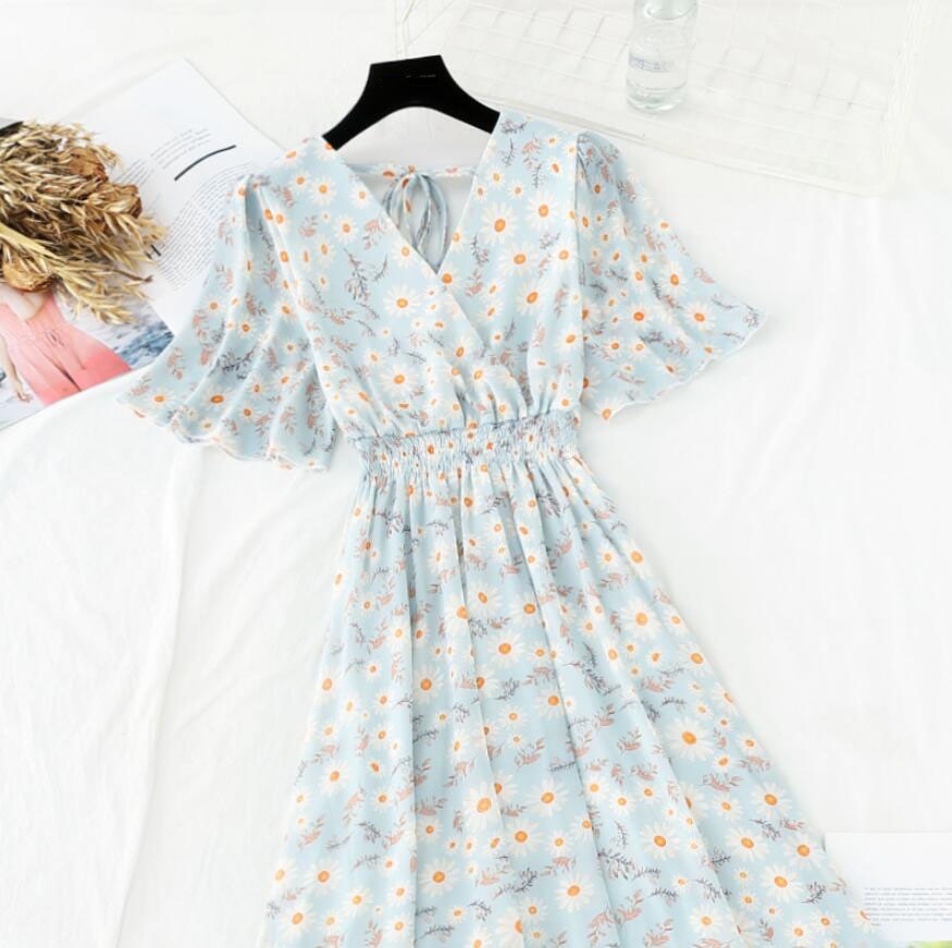 Ruffled Short-sleeved Chiffon V-neck High Waist Floral Print Beach Midi Dresses