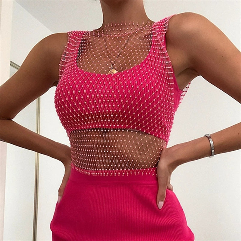 Sexy Diamonds Mesh Cropped Tank Top Cover Up Bikini See Through