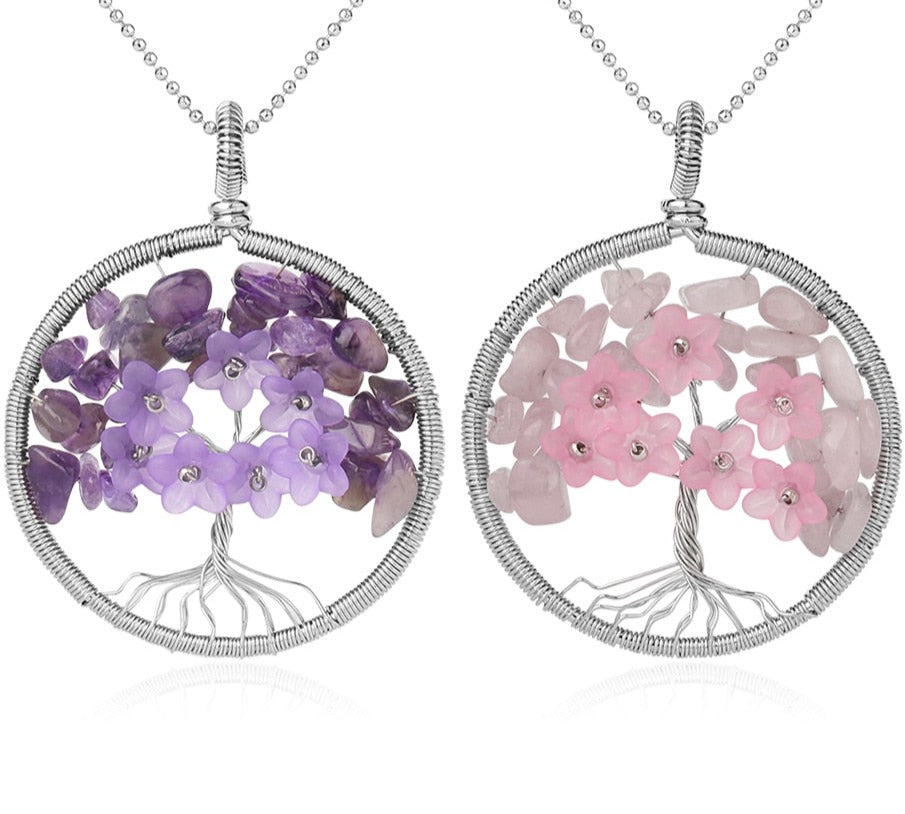 Tree of Life Pendant Necklace Natural Stone Quartz Crystal Chip Bead Flower Reiki Jewelry