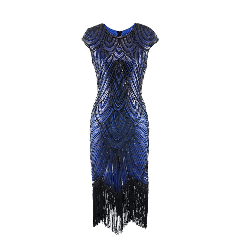 Vintage Flapper Great Gatsby Dress O-Neck Cap Sleeve Sequin Fringe Party Midi Dress