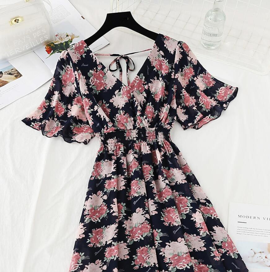 Ruffled Short-sleeved Chiffon V-neck High Waist Floral Print Beach Midi Dresses