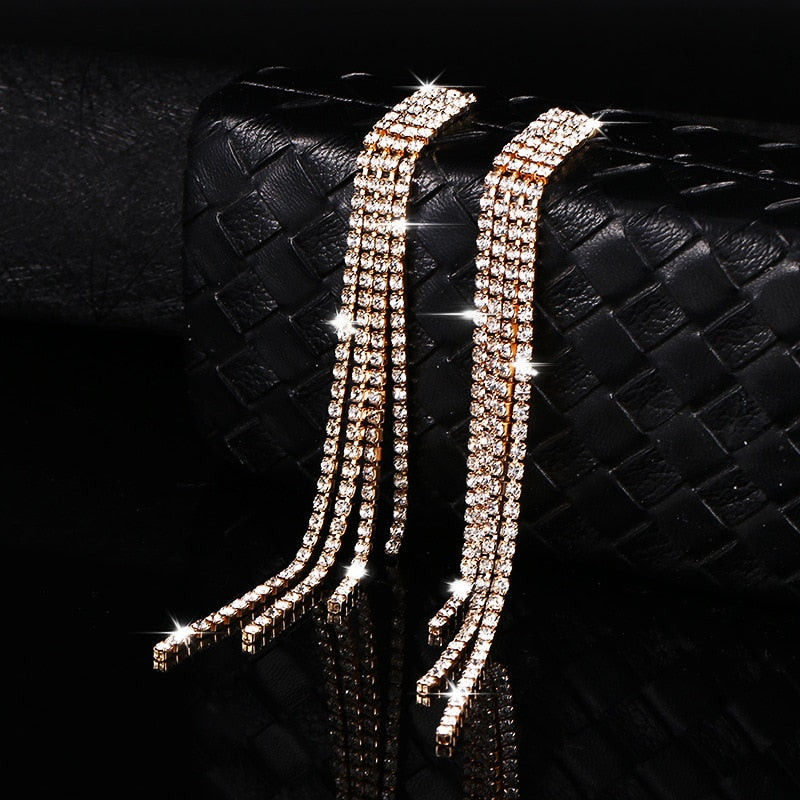 Luxury Rhinestone Crystal Long Tassel Bridal Drop Dangling Earrings Wedding Jewelry