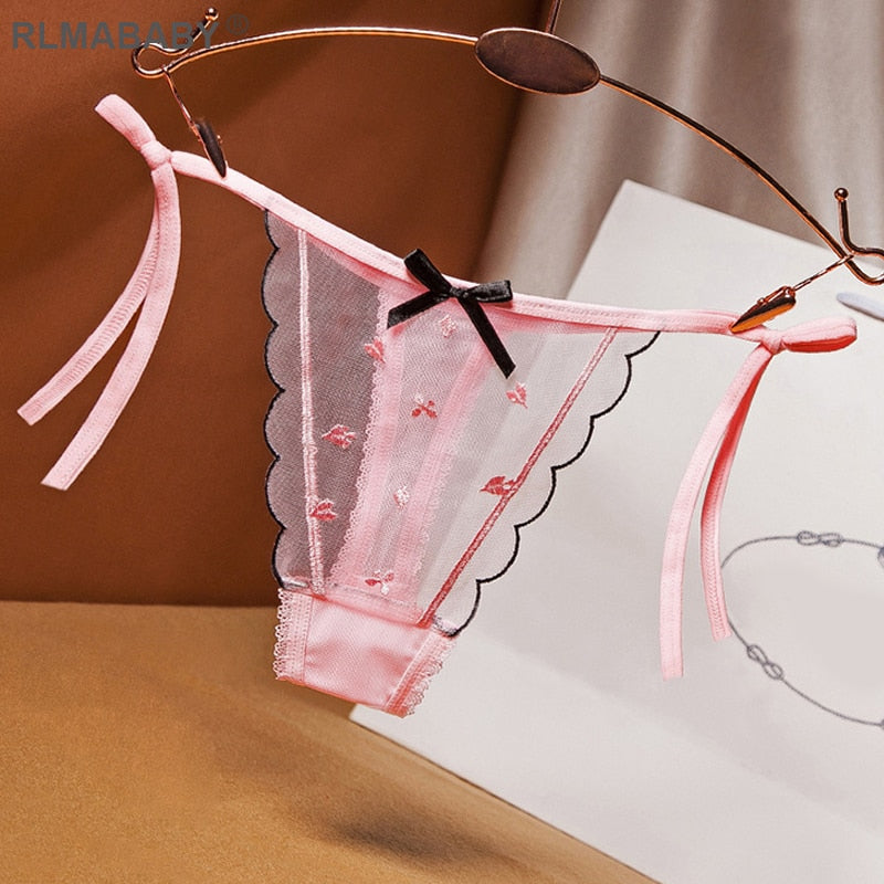 Sexy Transparent Embroidery Mesh Thong Bandage Bow Strap Underwear Panties Briefs Hot Gilr Love G-String Pants