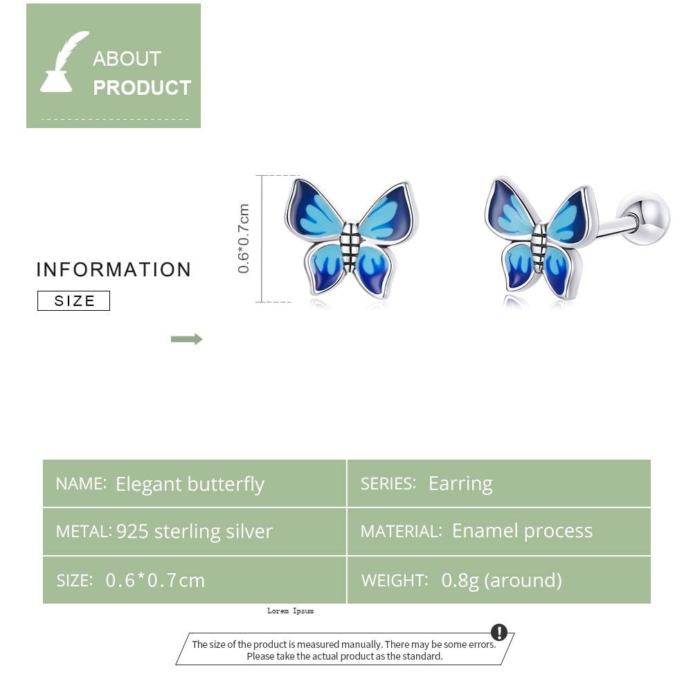 925 Sterling Silver Blue Enamel Piercing Elegant Hypoallergenic Butterfly Earrings