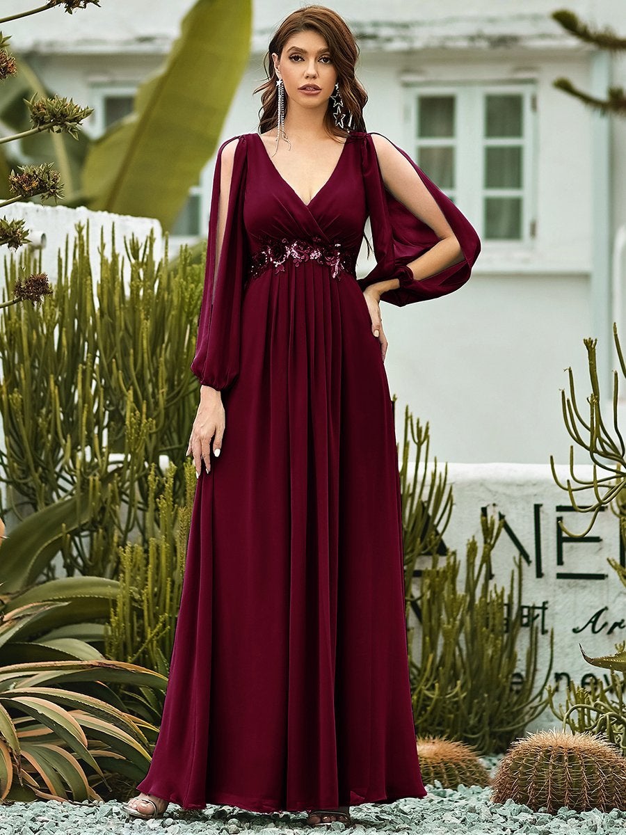 Elegant Evening Dresses Chiffon Long A-LINE long sleeves V-neck