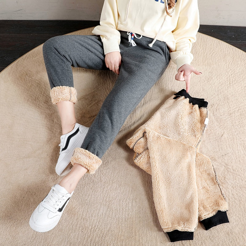 Women Winter Thick Lambskin Cashmere Pants Warm Casual Cotton Pants Loose Harlan Trousers