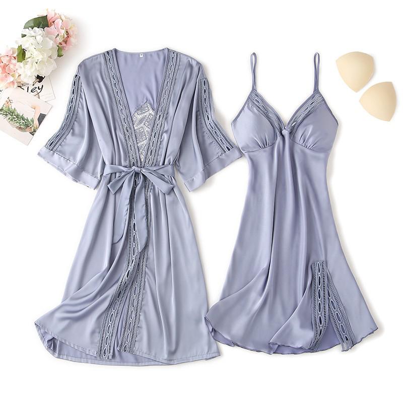 Lace Trim Sexy Robe Suit Loose Satin Kimono Bathrobe Gown Mini Sleepwear Rayon Intimate Lingerie