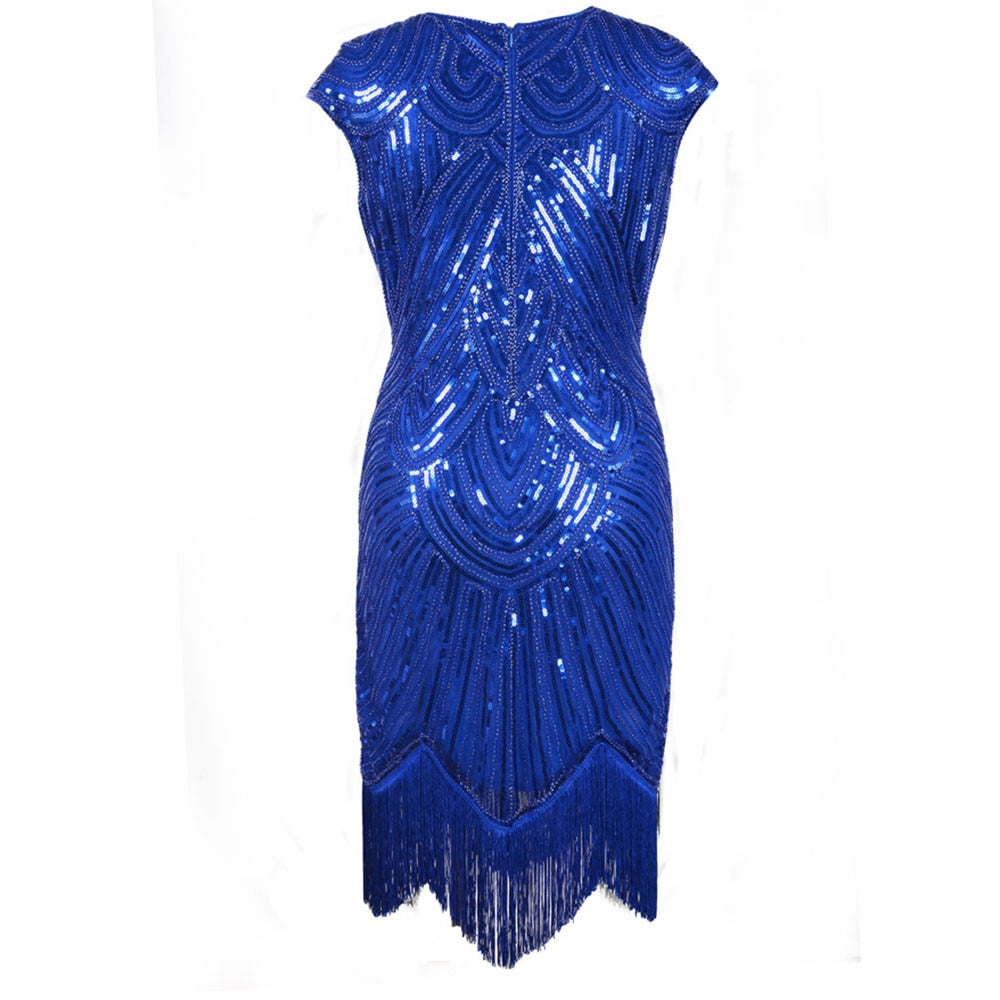 Vintage Flapper Great Gatsby Dress O-Neck Cap Sleeve Sequin Fringe Party Midi Dress