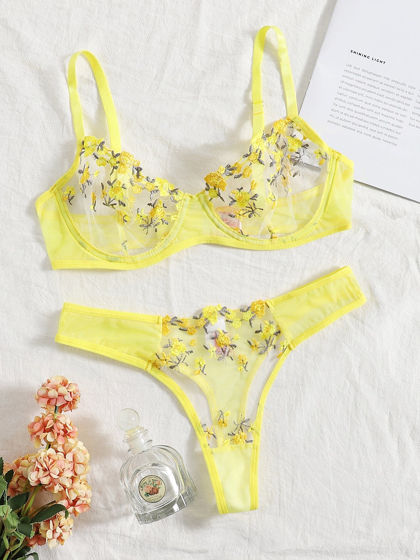 Lingerie Sexy Floral Embroidery Underwear Transparent Lace Short Fairy Set