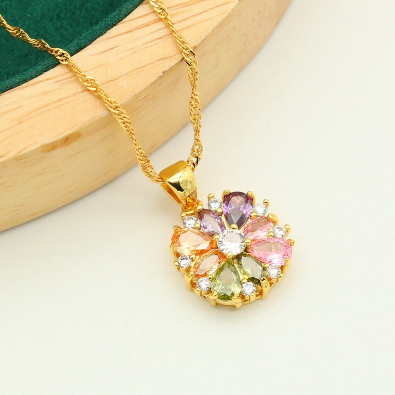 Classic 925 Silver Gold Color Jewelry Sets Multicolor Zircon Bracelet Earrings Necklace Pendant Ring 4PCS