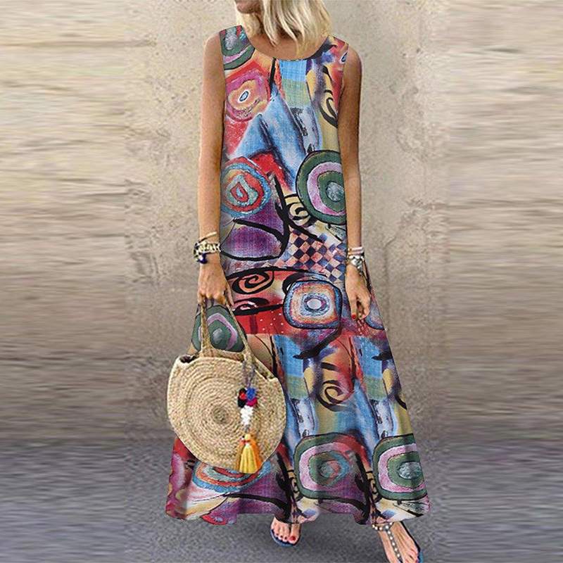 Printed Maxi Sundress Vintage O Neck Sleeveless Tunic Vestidos  Casual Robe Femme