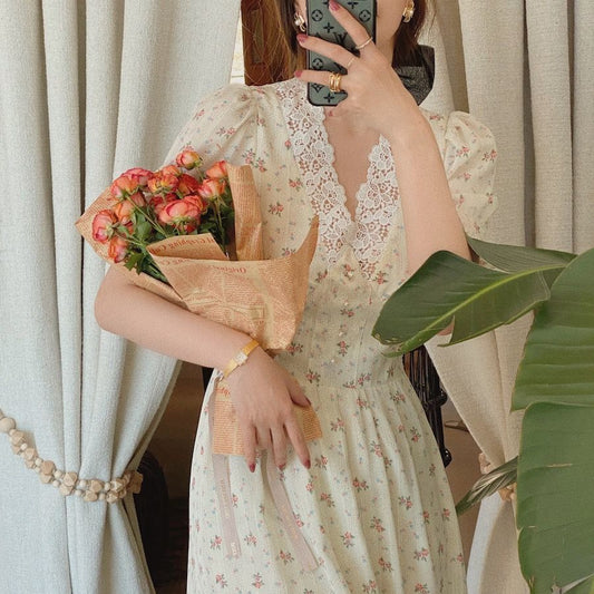 Vintage Floral Elegant Lace Chiffon Puff Sleeve V Neck Midi Dress