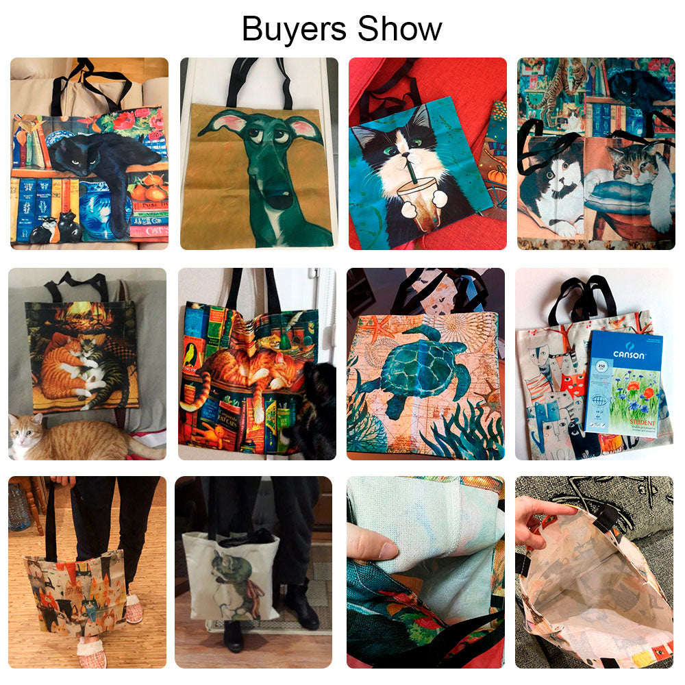 Oil Painting Cat Print Designer Tote Bags Linen Reusable Shopping Bag For Groceries Shoulder Bags