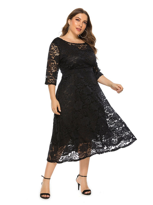 Plus Size Lace Evening Dress A-line Tea-length Dress with Pockets for Party