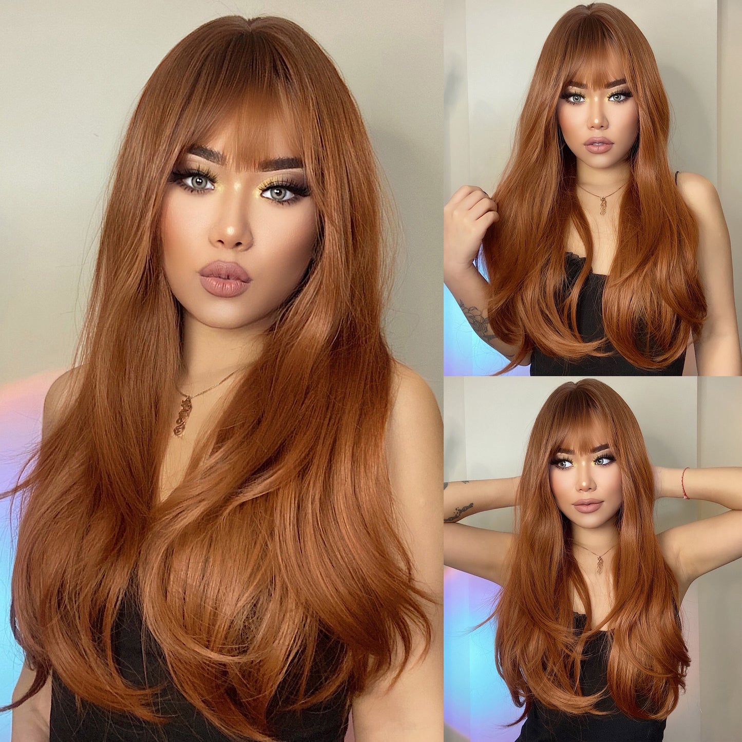 Long Wavy Synthetic Wigs With Long Bangs Natural Hair Wig Heat Resistant Fiber Wig