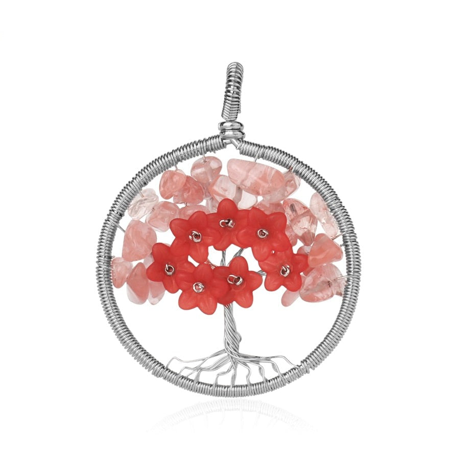 Tree of Life Pendant Necklace Natural Stone Quartz Crystal Chip Bead Flower Reiki Jewelry