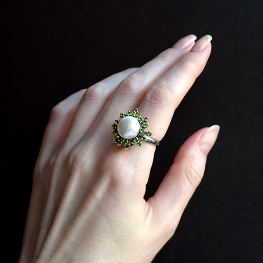 Blossoming Flower Rings Promise Wedding Unique Green Zircon White Pearl Elegant