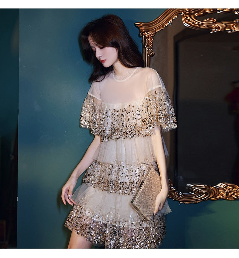 Elegant Women Party Shiny Sequin Embroidery Dress Ladies Ruffles Pleated Tulle Dress See Through Gauze Layered Dress