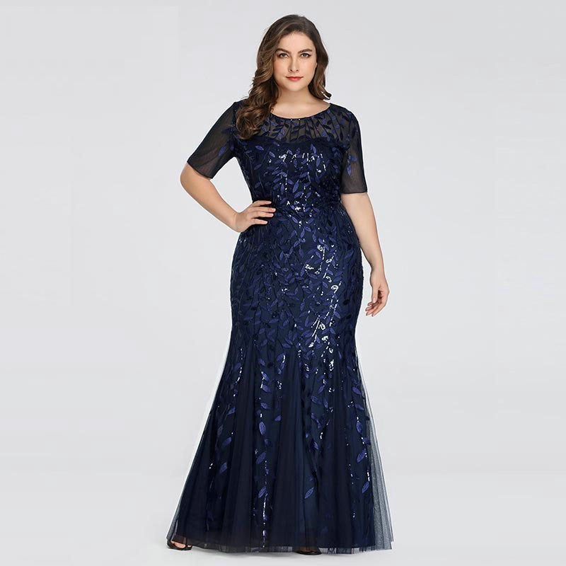 Plus Size Sequin Mesh Mermaid Slim Evening Dress Beaded Leaves Pattern Elegant Party