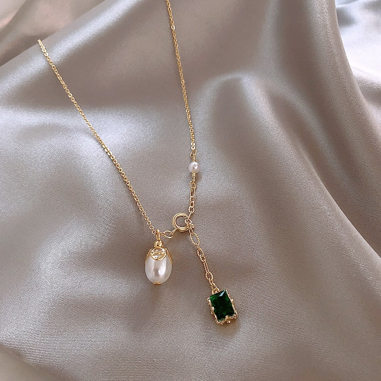 Green Pearl Pendant Necklace Delicate Elegant Clavicle Geometric Simple Neck Chain