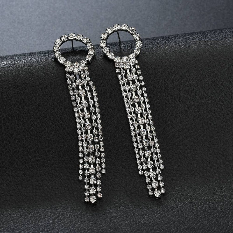 Luxury Rhinestone Crystal Long Tassel Bridal Drop Dangling Earrings Wedding Jewelry