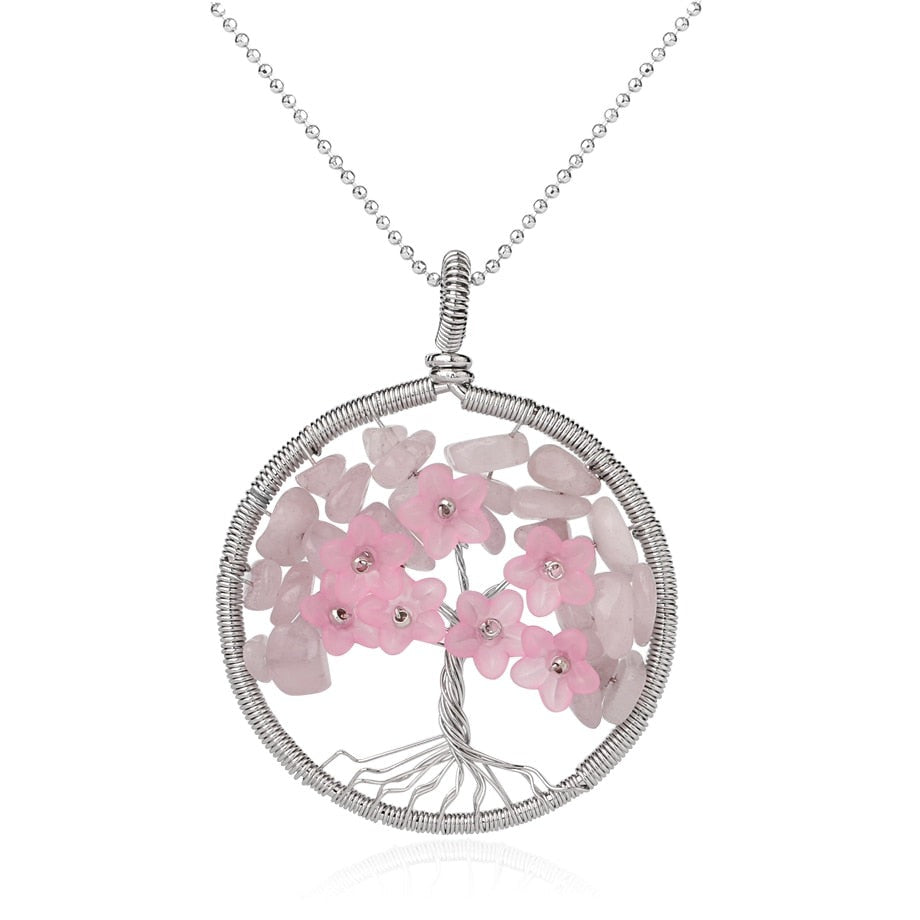 Tree of Life Pendant Necklace Natural Stone Quartz Crystal Chip Bead Flower Reiki Jewelry