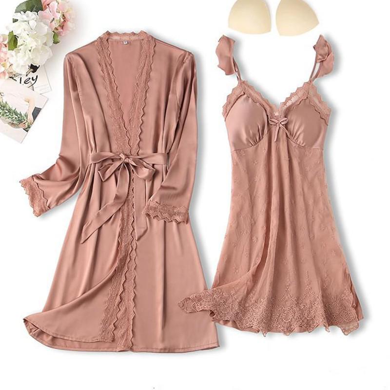 Lace Trim Sexy Robe Suit Loose Satin Kimono Bathrobe Gown Mini Sleepwear Rayon Intimate Lingerie