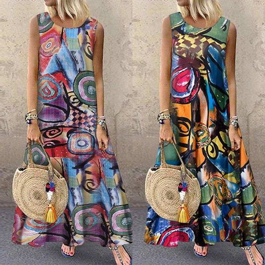 Printed Maxi Sundress Vintage O Neck Sleeveless Tunic Vestidos  Casual Robe Femme