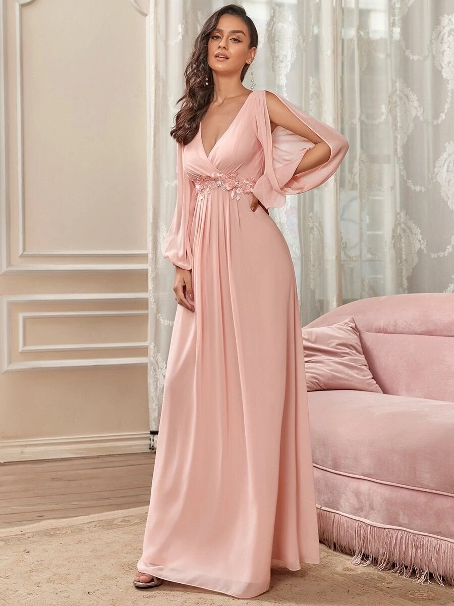 Elegant Evening Dresses Chiffon Long A-LINE long sleeves V-neck