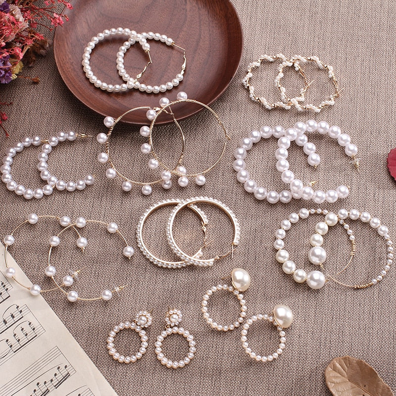 white boho imitation pearl round circle hoop earrings female gold color big earrings jewelry statement earrings