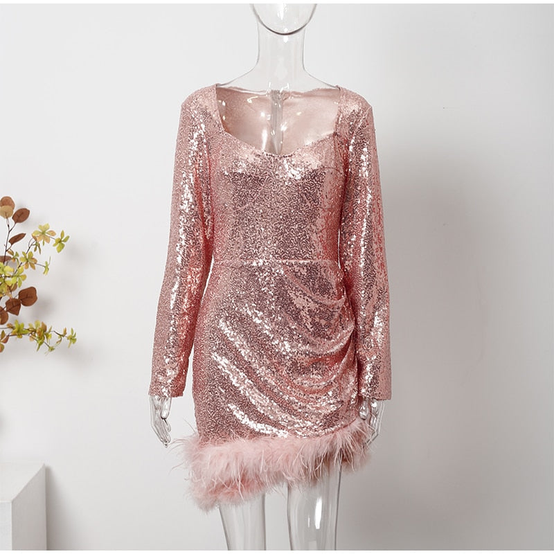 Sexy Feather Sequin Dresses Fall Long Sleeve Square Collar Mini Dress