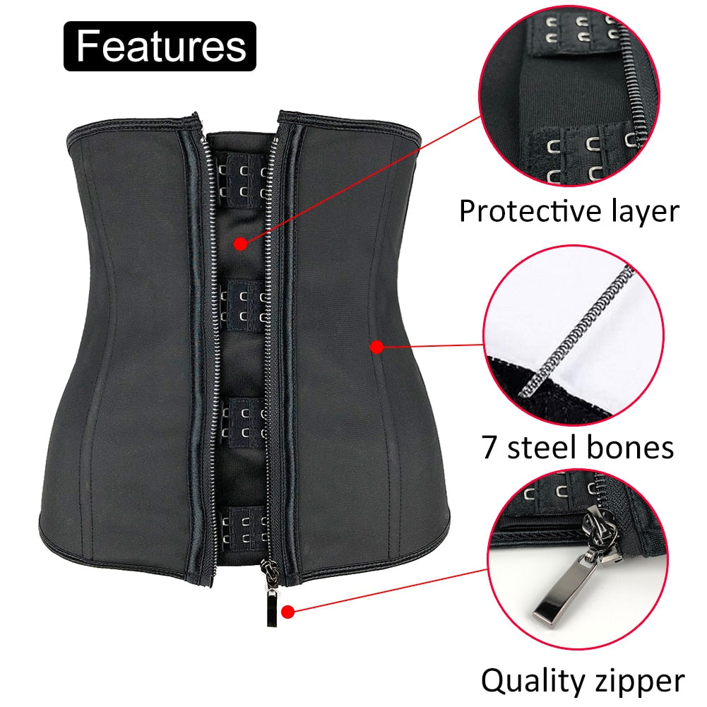 Women Latex Waist Trainer Body Shaper Corsets with Zipper Cincher Corset Top Slimming Belt Black Shapewear