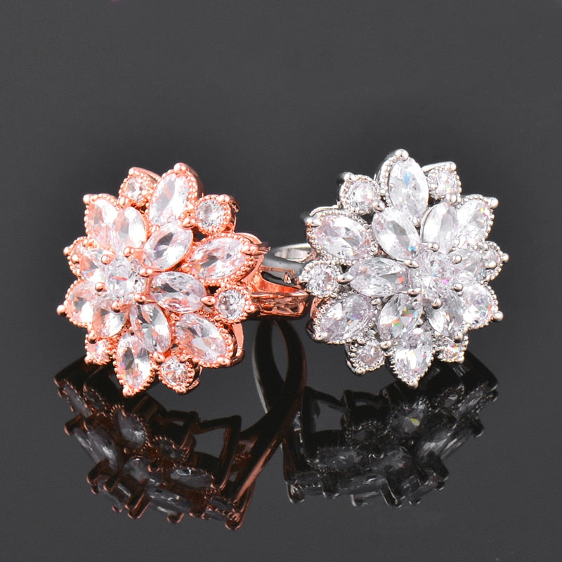 Luxury Crystal Flower Rings For Women Wedding Engagement Jewelry Rose Gold/Silver Color Ring