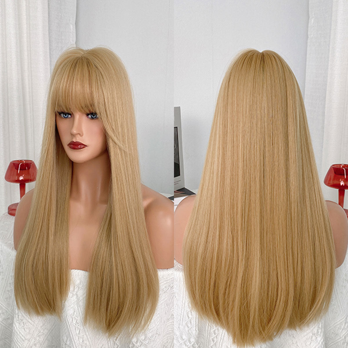 Blonde Wig with Bang Long Straight Blond Wig Synthetic Hair